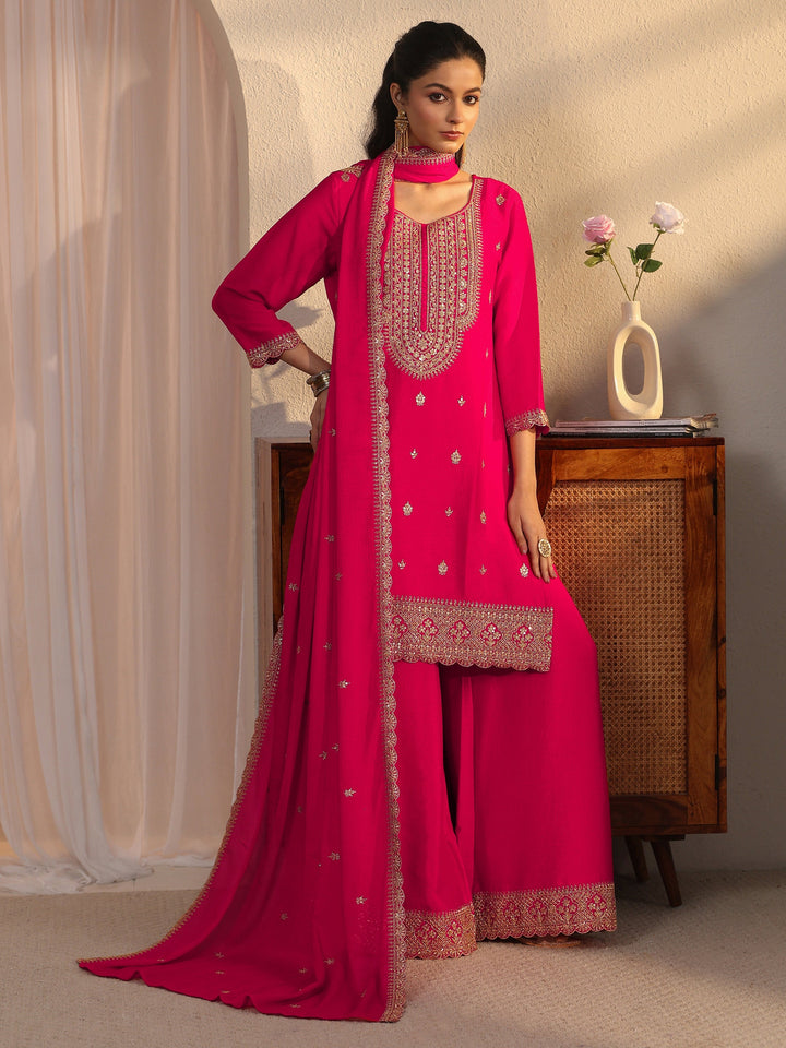 Libas Pink Ethnic Embroidered Chinon Palazzo Suit Set