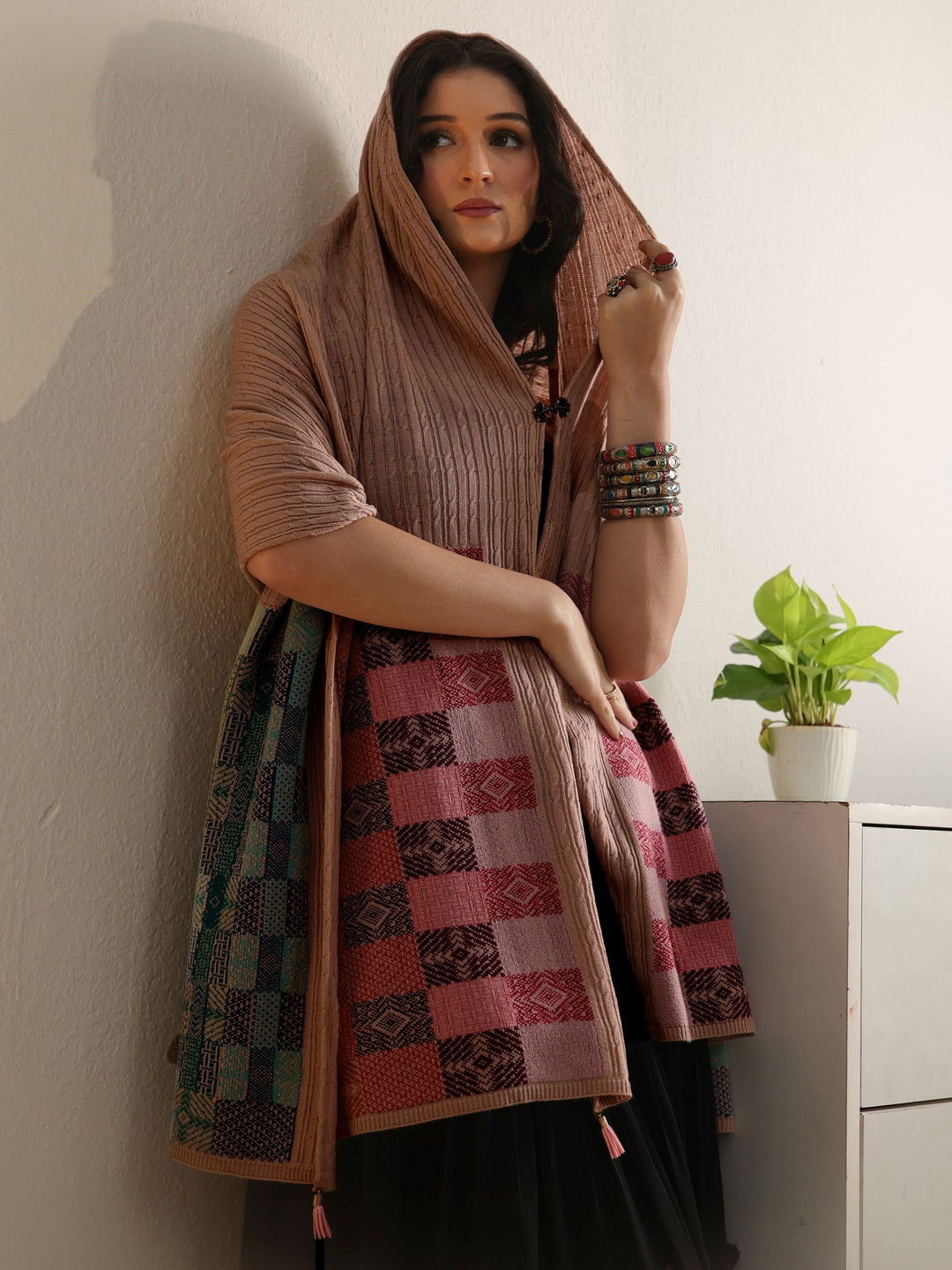 Libas Pink Ethnic Knitted Acrylic Shawl