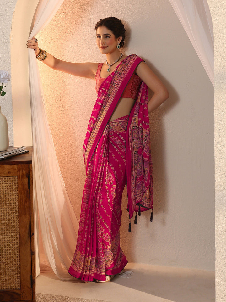 Libas Pink Ethnic Printed Georgette Saree