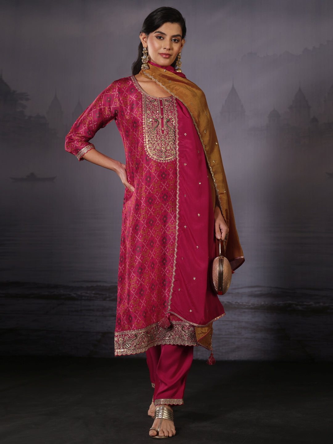 Libas Pink Ethnic Printed Silk Blend Straight Suit Set