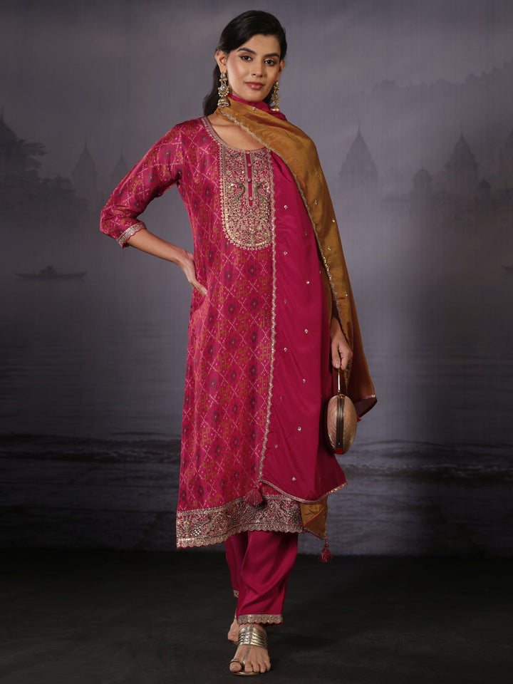 Libas Pink Ethnic Printed Silk Blend Straight Suit Set