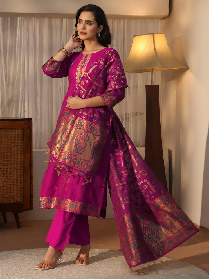 Libas Pink Ethnic Woven Design Chanderi Silk Straight Suit Set