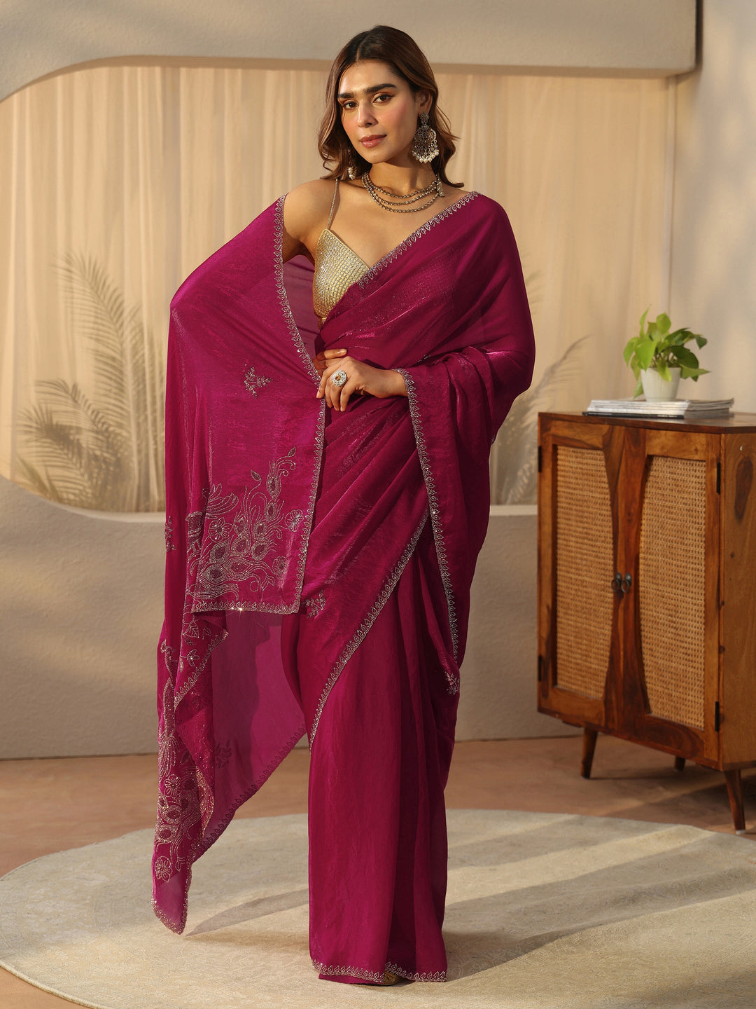 Libas Pink Floral Embellished Tissue Saree