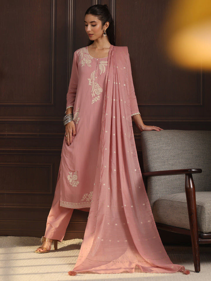 Libas Pink Floral Embroidered Chanderi Silk Straight Suit Set