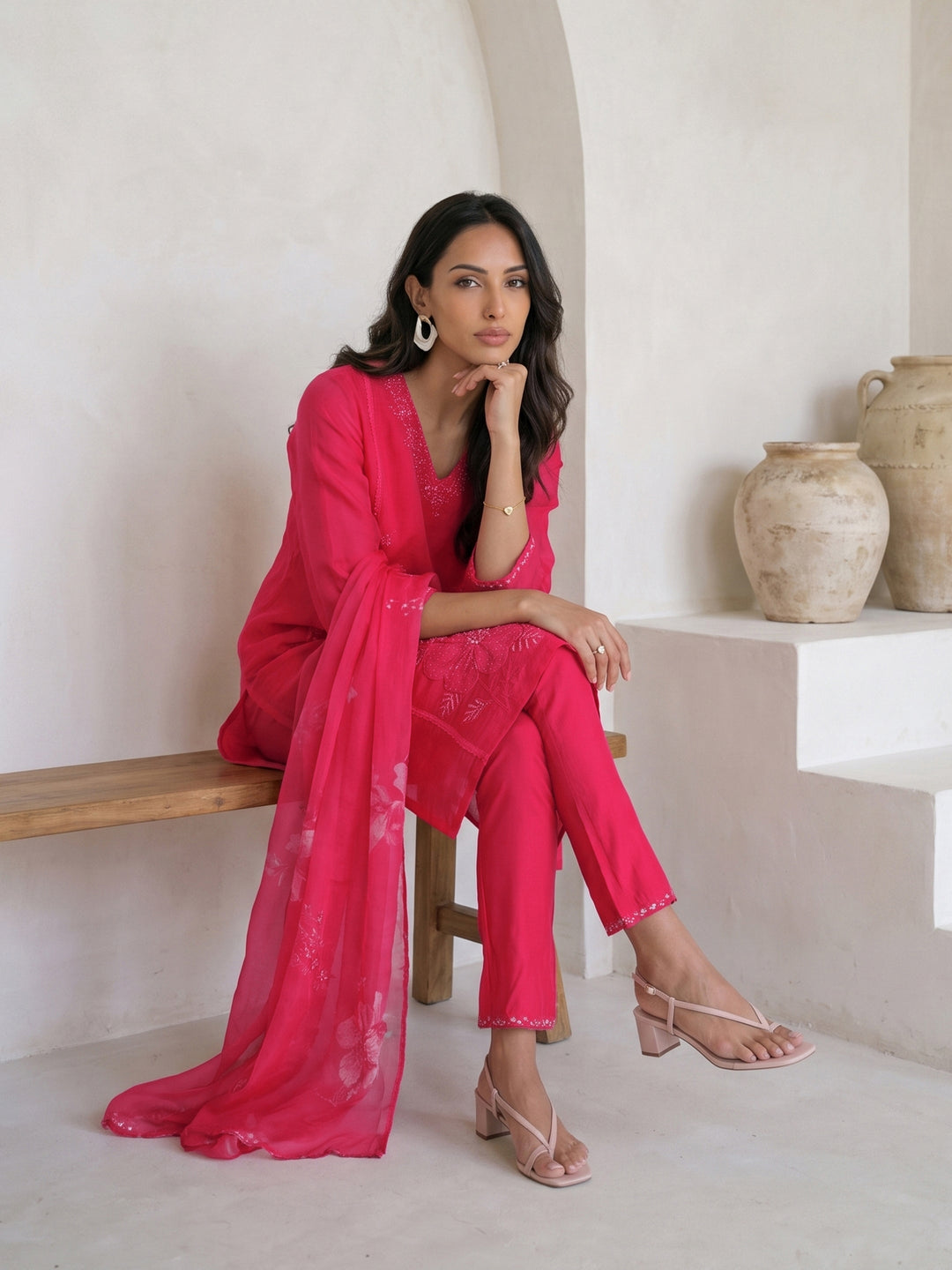 Libas Pink Floral Embroidered Chanderi Silk Straight Suit Set