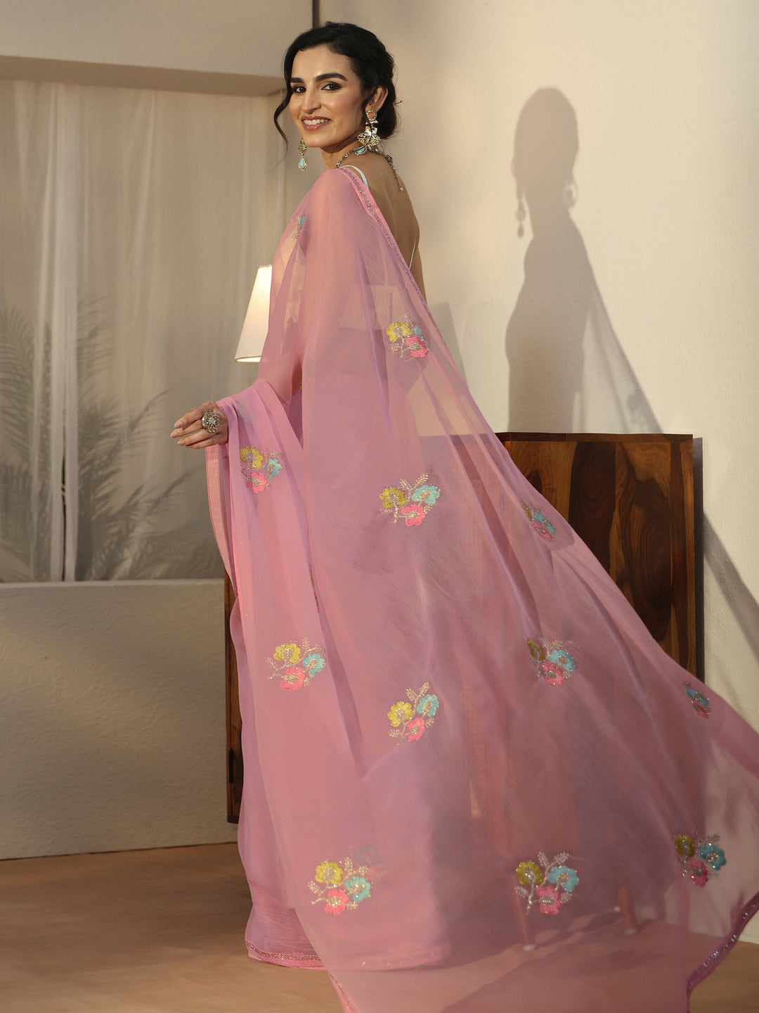 Libas Pink Floral Embroidered Chiffon Saree