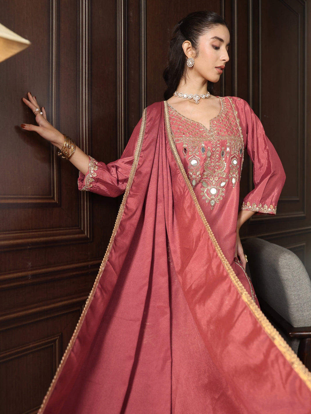 Libas Pink Floral Embroidered Chinon Sharara Suit Set