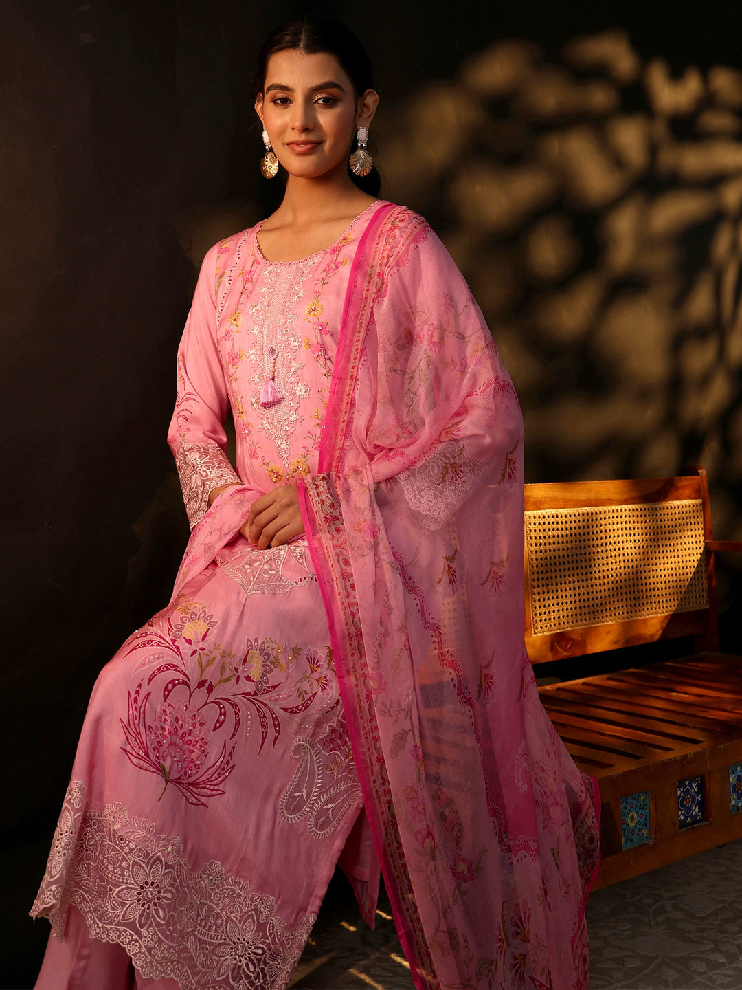 Libas Pink Floral Embroidered Crepe Straight Suit Set