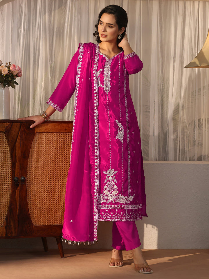Libas Pink Floral Embroidered Crepe Straight Suit Set