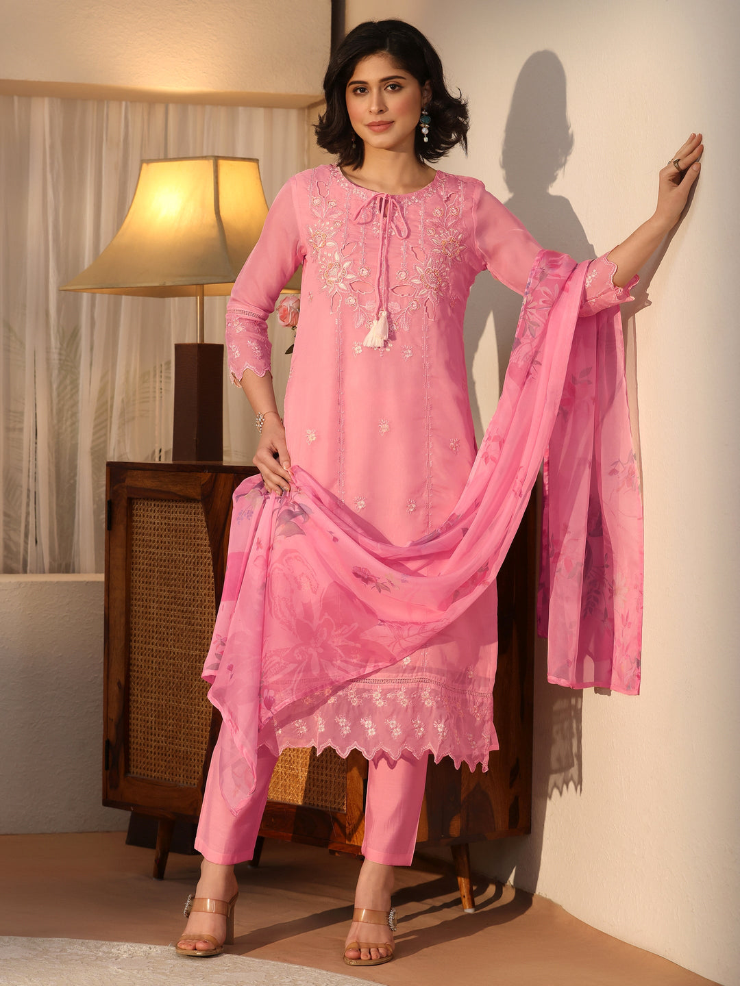 Libas Pink Floral Embroidered Organza Palazzo Suit Set