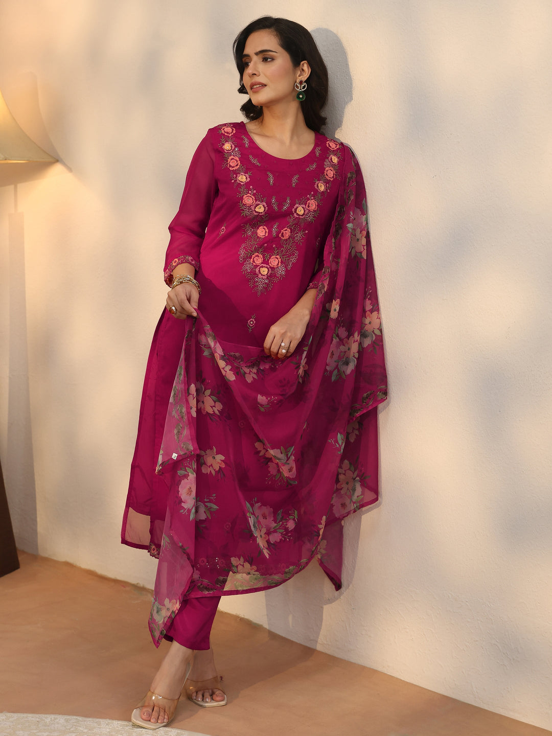 Libas Pink Floral Embroidered Organza Straight Suit Set