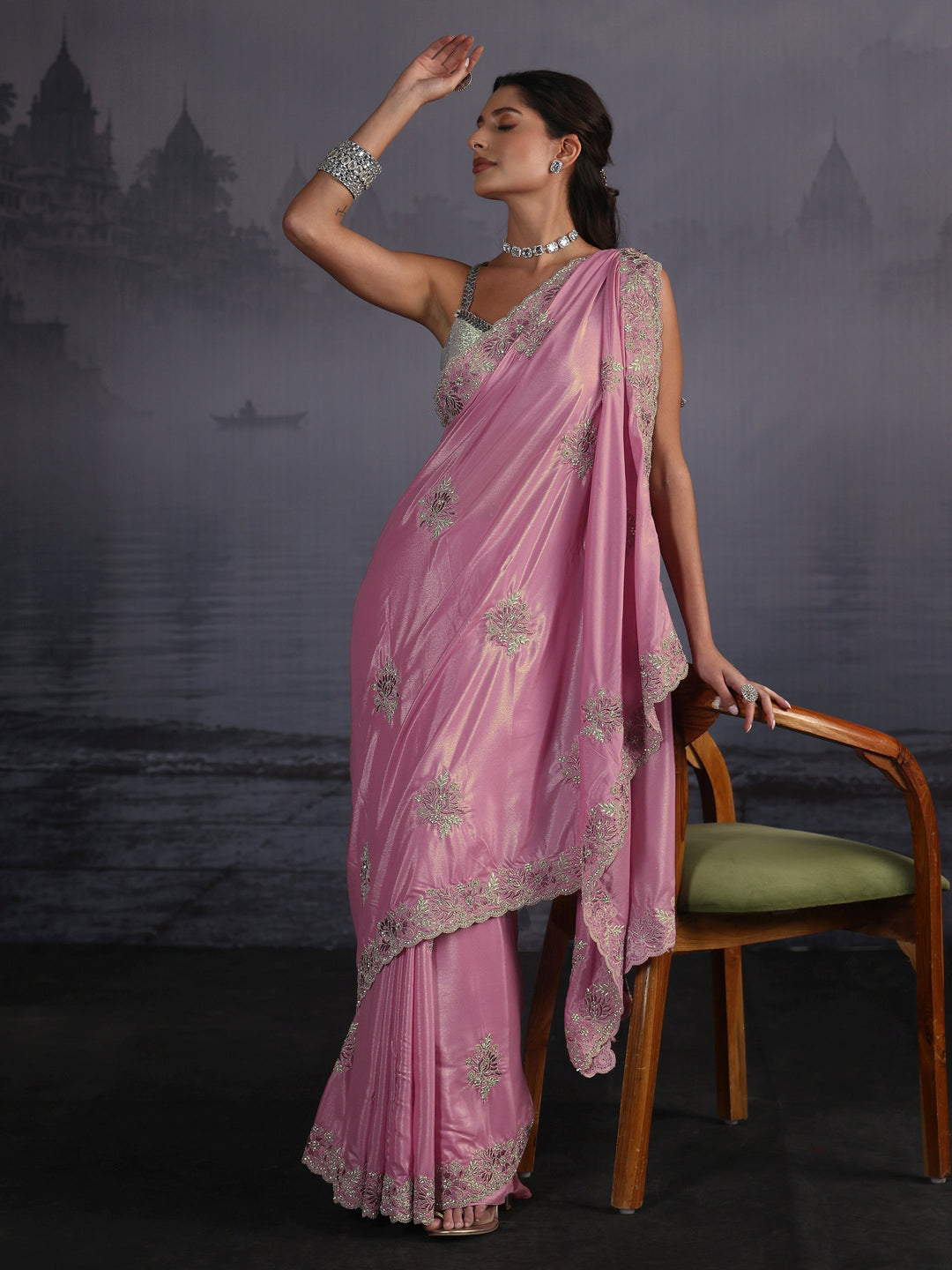Libas Pink Floral Embroidered Satin Saree