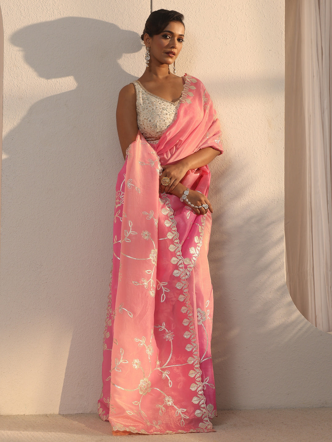 Libas Pink Floral Embroidered Satin Saree