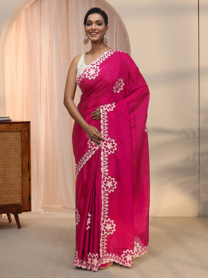Libas Pink Floral Embroidered Sequinned Satin Saree