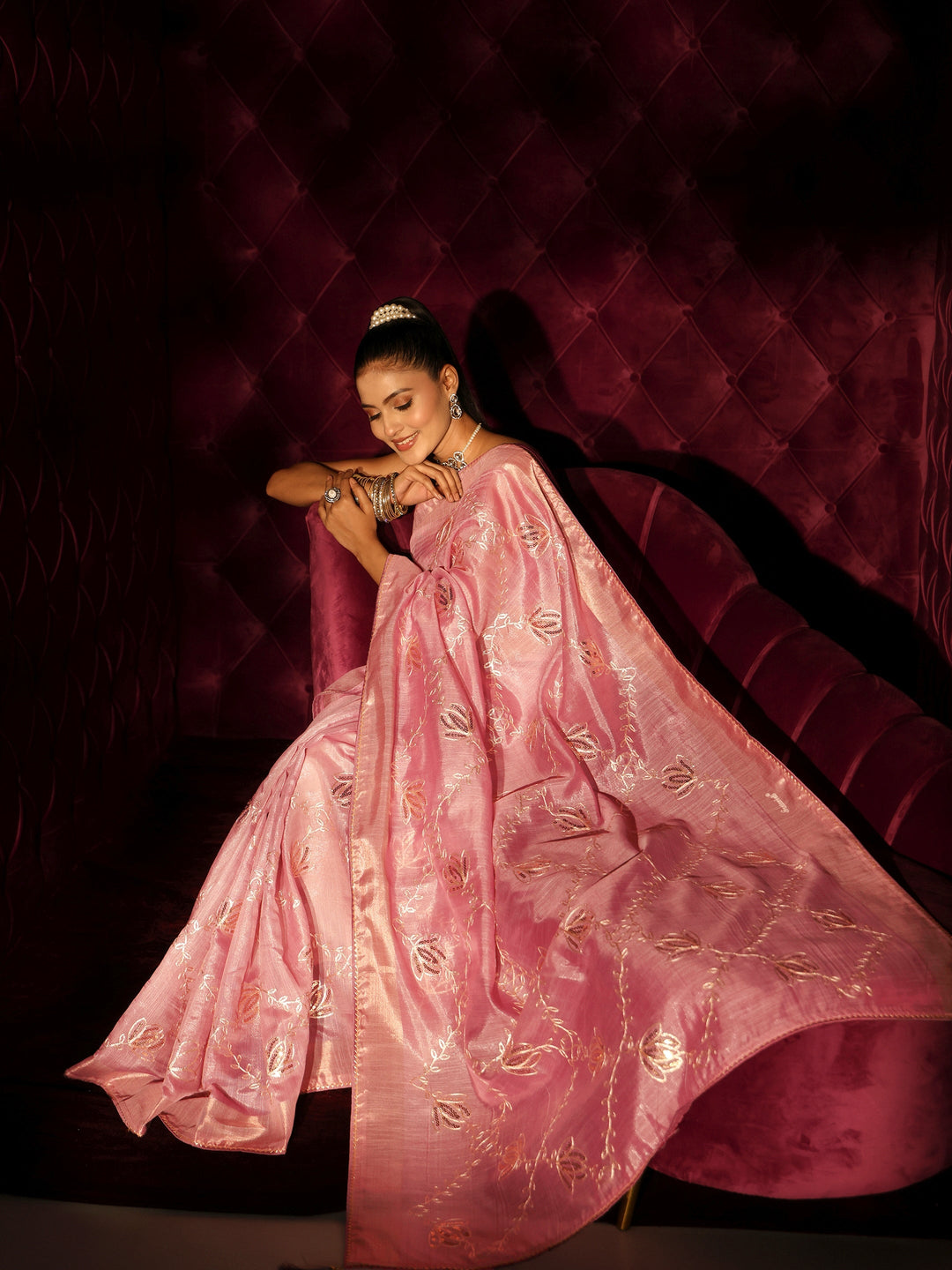 Libas Pink Floral Embroidered Silk Blend Saree