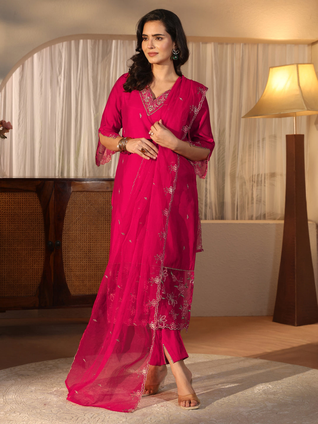 Libas Pink Floral Embroidered Silk Blend Straight Suit Set