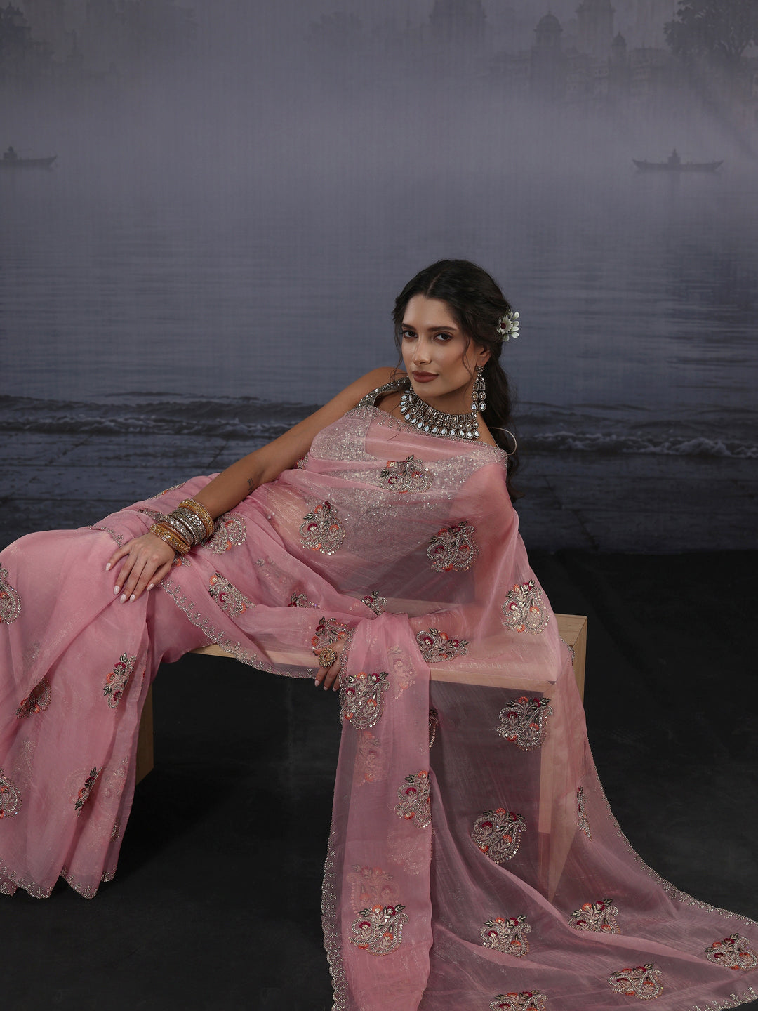 Libas Pink Floral Embroidered Tissue Saree