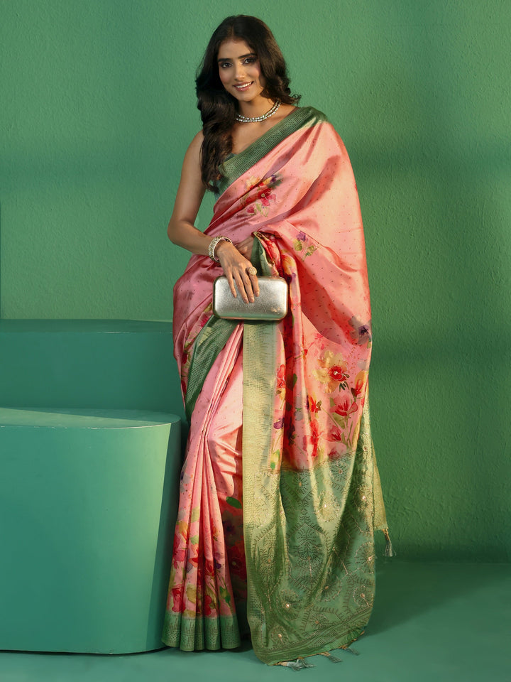 Libas Pink Floral Print Silk Blend Saree with Embellished Border