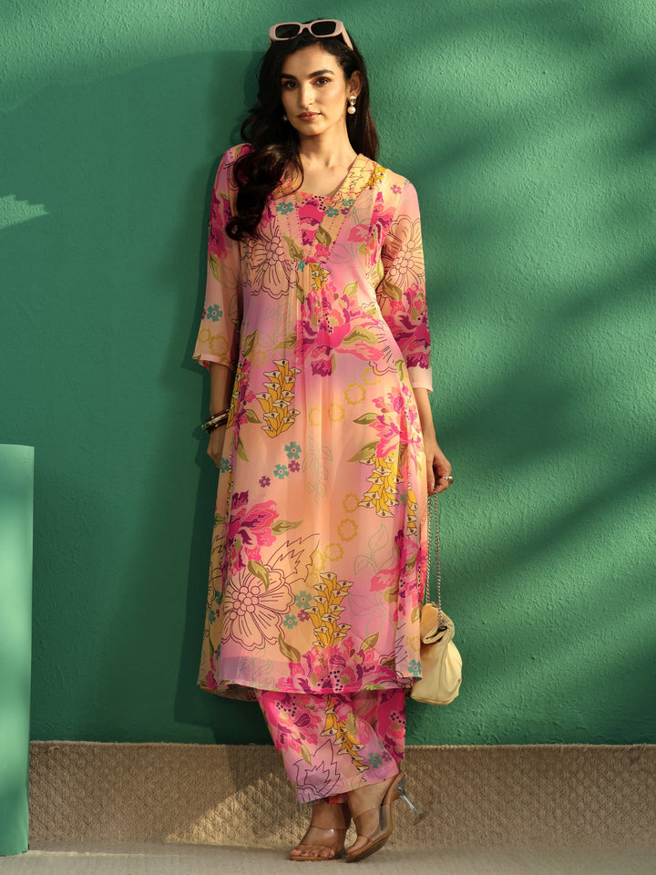Libas Pink Floral Printed Chiffon A-Line Kurta Set