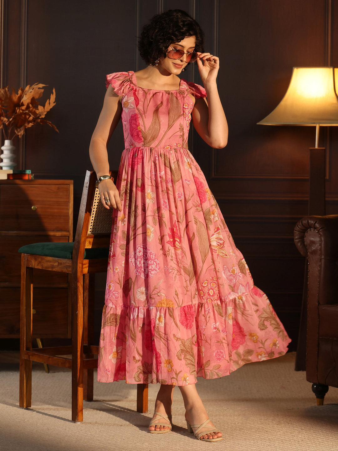 Libas Pink Floral Printed Chiffon Fit And Flare Dress