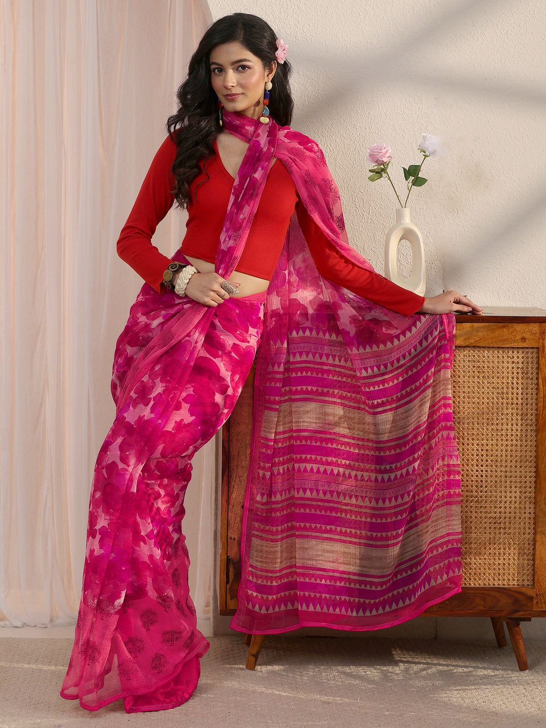 Libas Pink Floral Printed Chiffon Saree