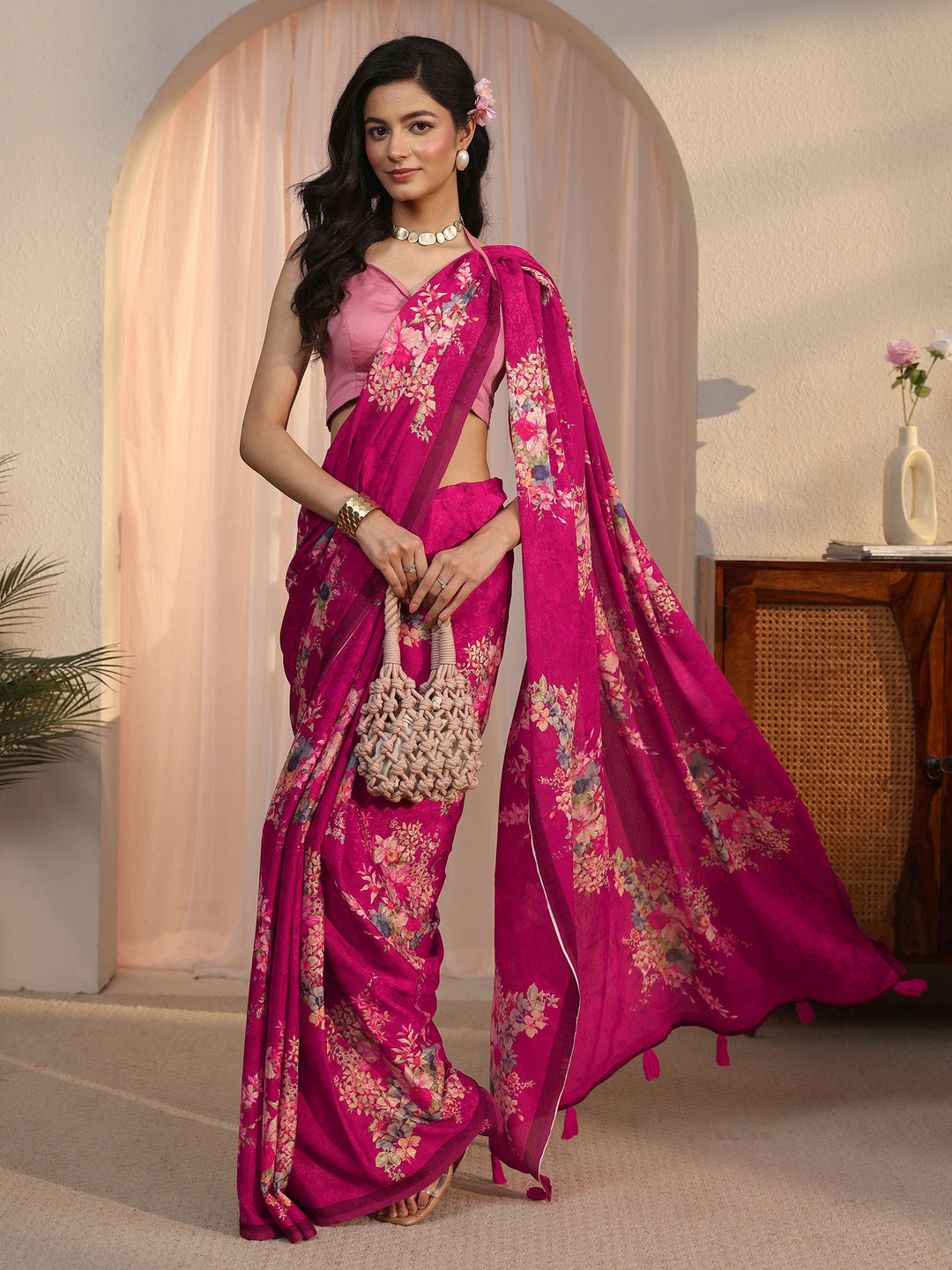 Libas Pink Floral Printed Chiffon Tassel Saree