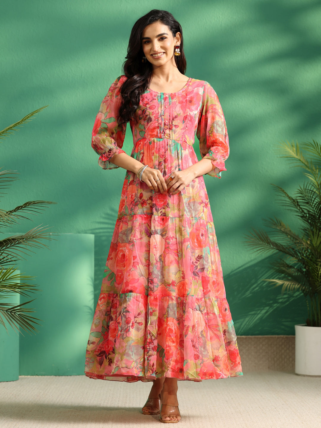 Libas Pink Floral Printed Chiffon Tiered Dress