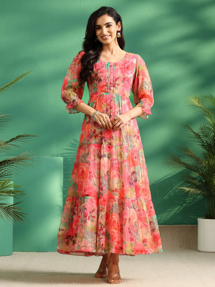 Libas Pink Floral Printed Chiffon Tiered Dress