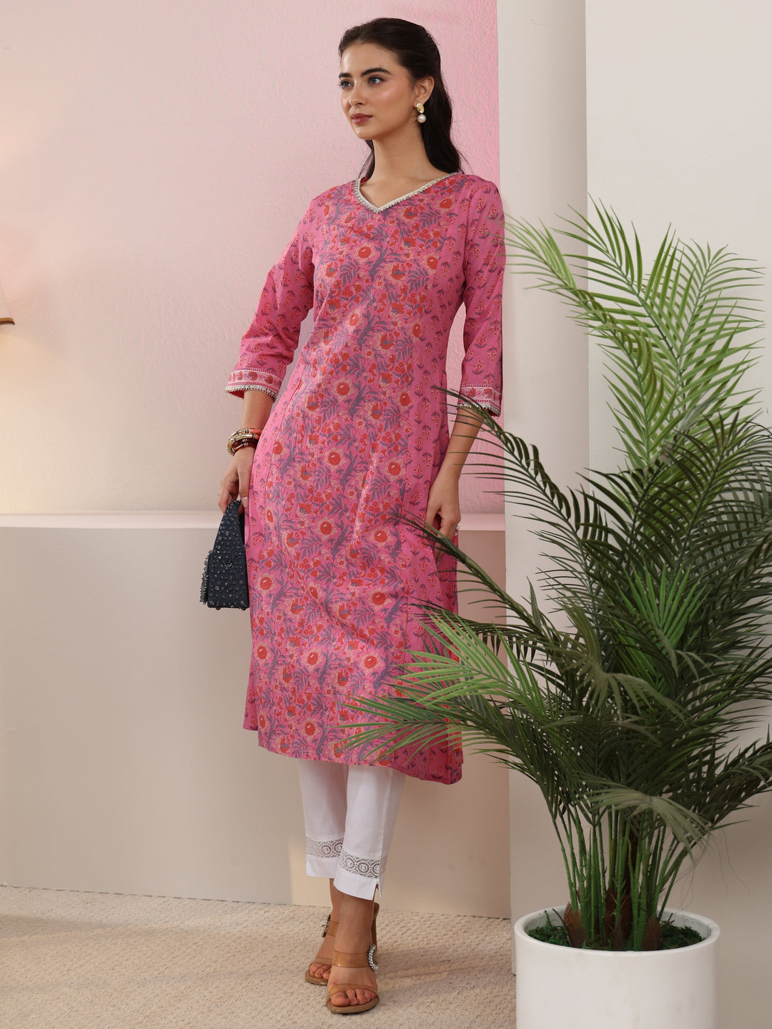Libas Pink Floral Printed Cotton A-Line Kurta