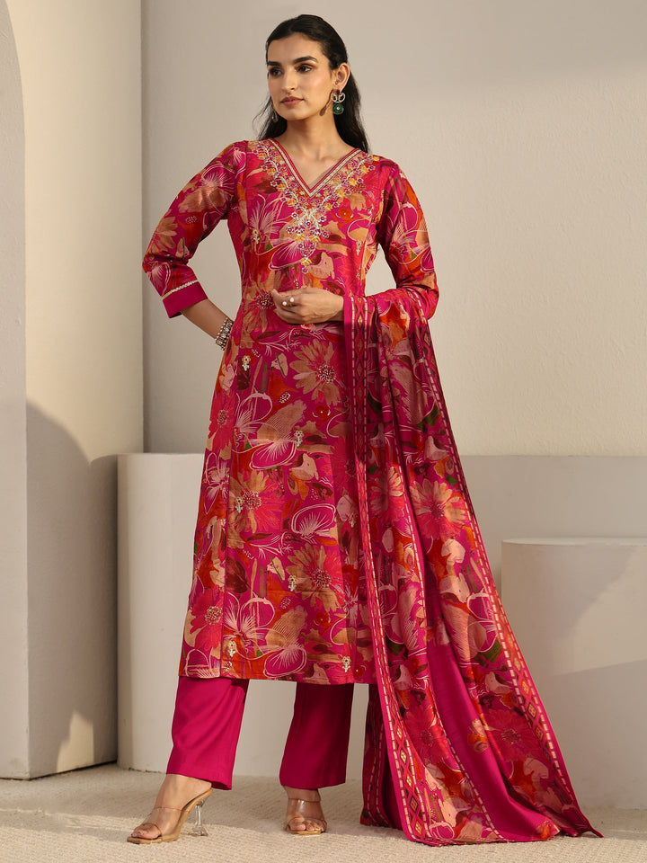 Libas Pink Floral Printed Cotton Blend Straight Suit Set