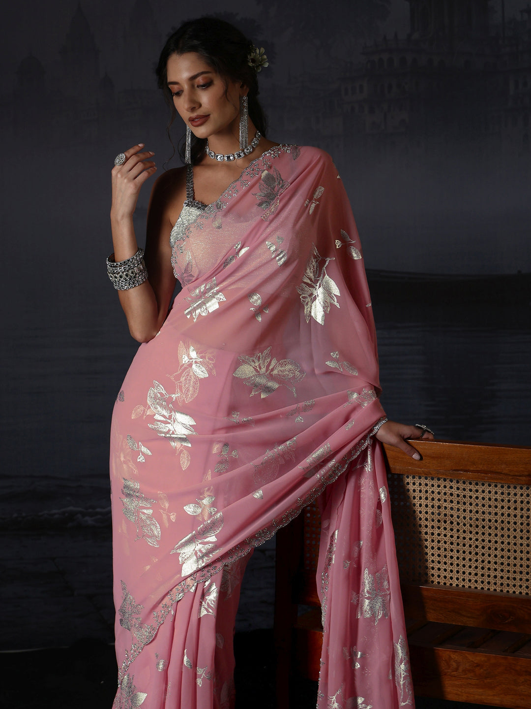 Libas Pink Floral Printed Georgette Saree with Embellished Border