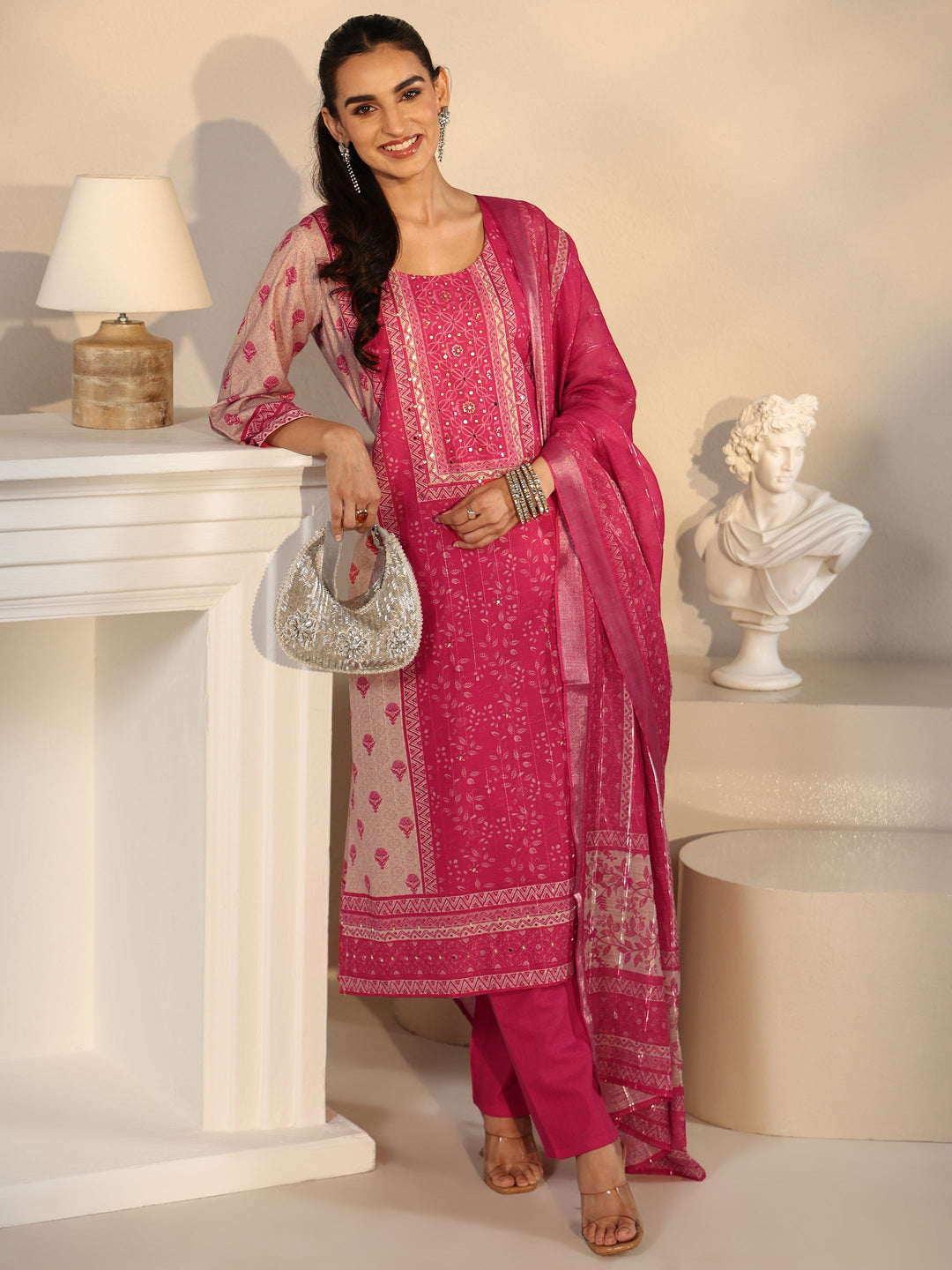 Libas Pink Floral Printed Linen Straight Suit Set
