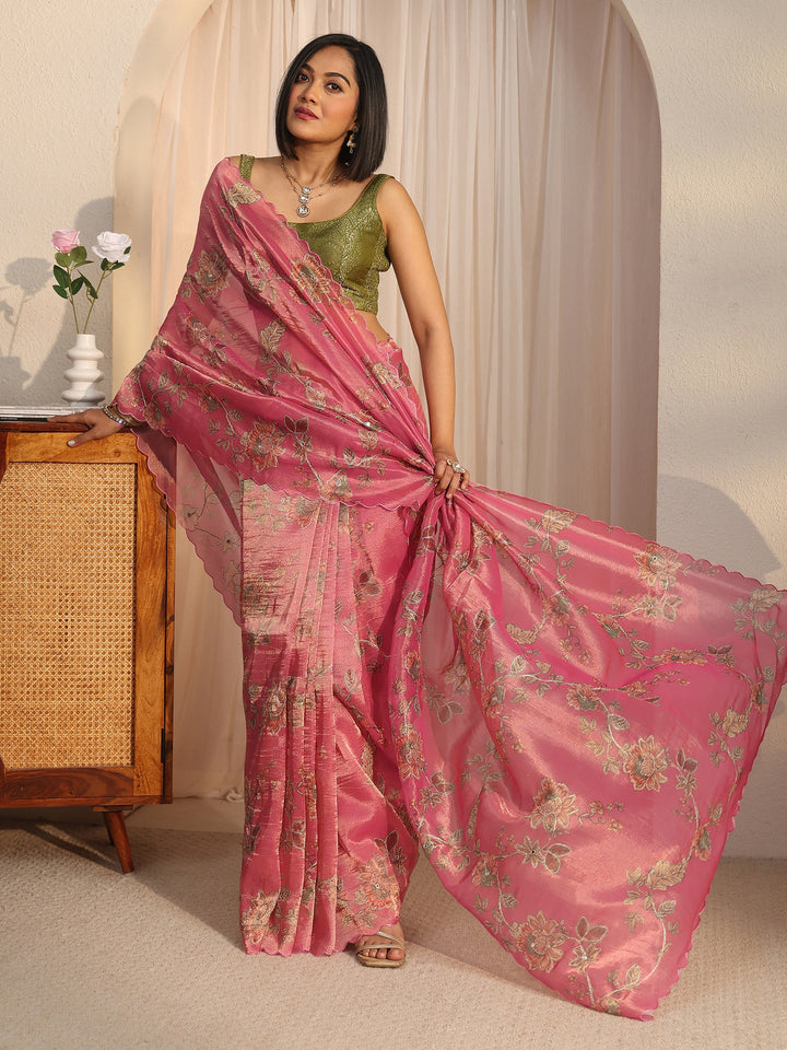Libas Pink Floral Printed Mirror Work Silk Blend Saree with Scalloped Border