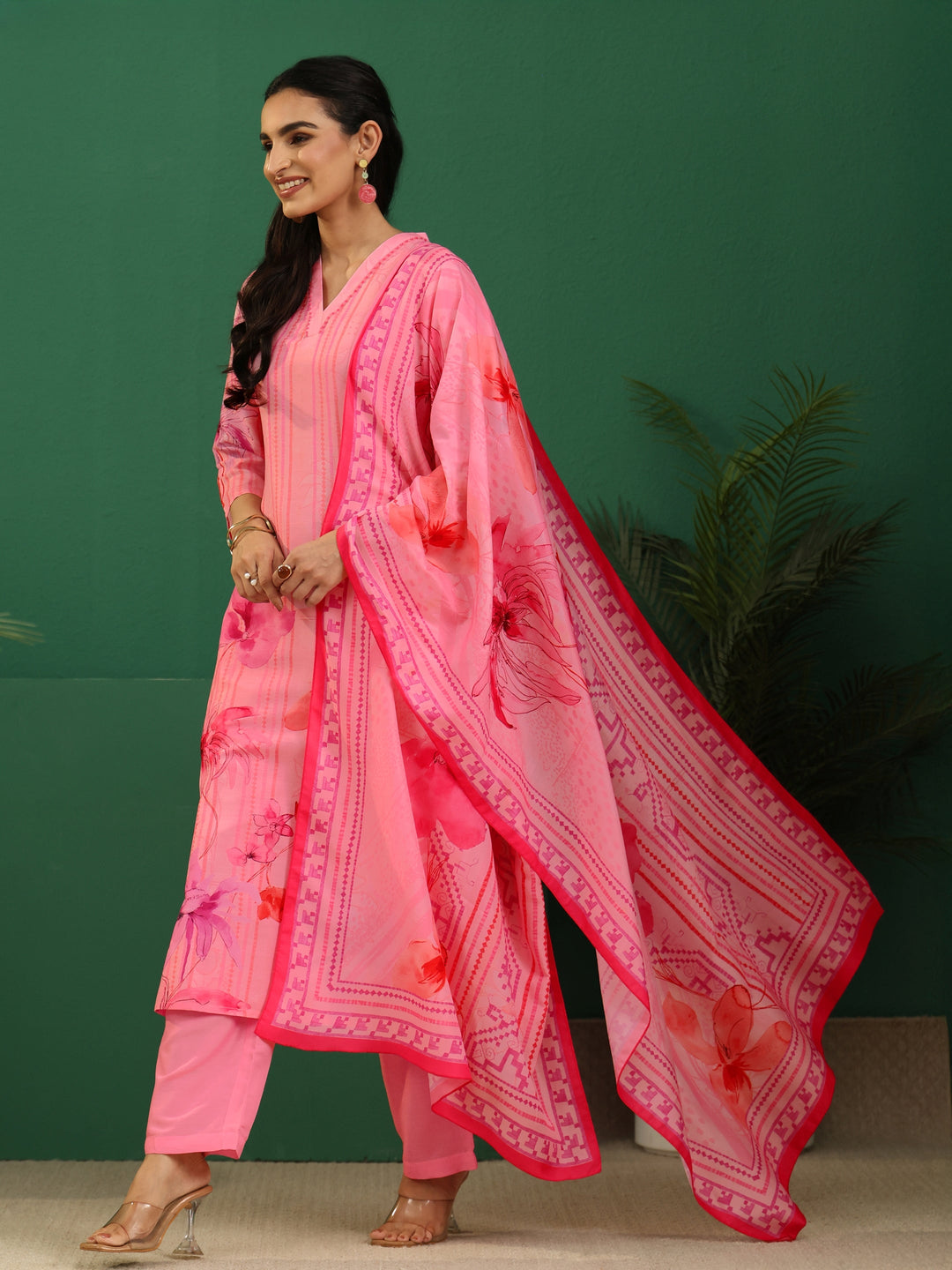 Libas Pink Floral Printed Muslin A-Line Suit Set