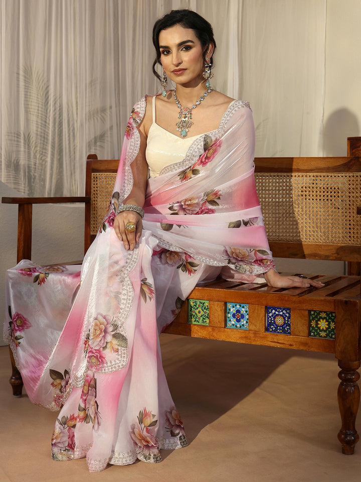 Libas Pink Floral Printed Satin Saree with Scalloped Border