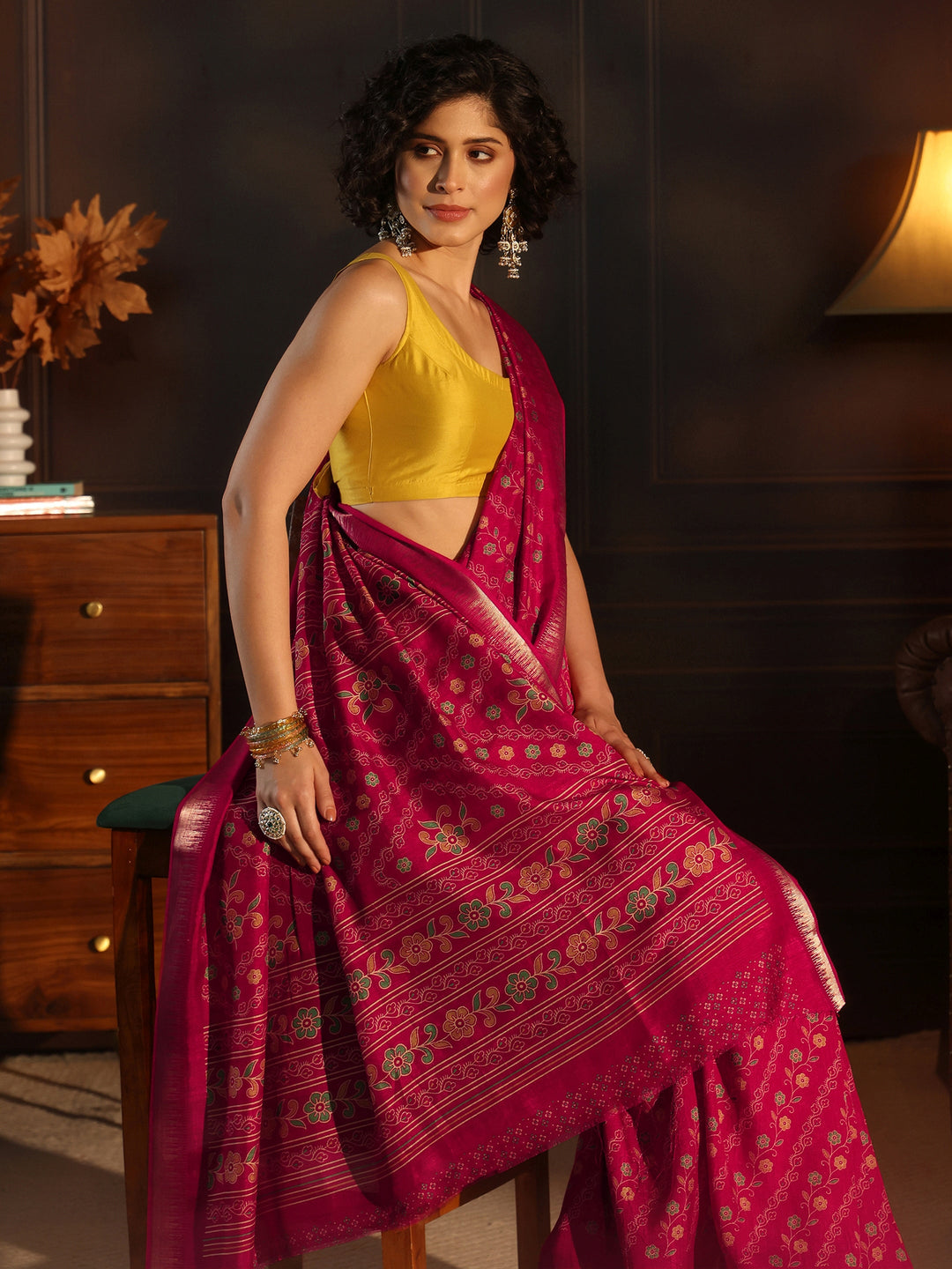 Libas Pink Floral Printed Silk Blend Saree