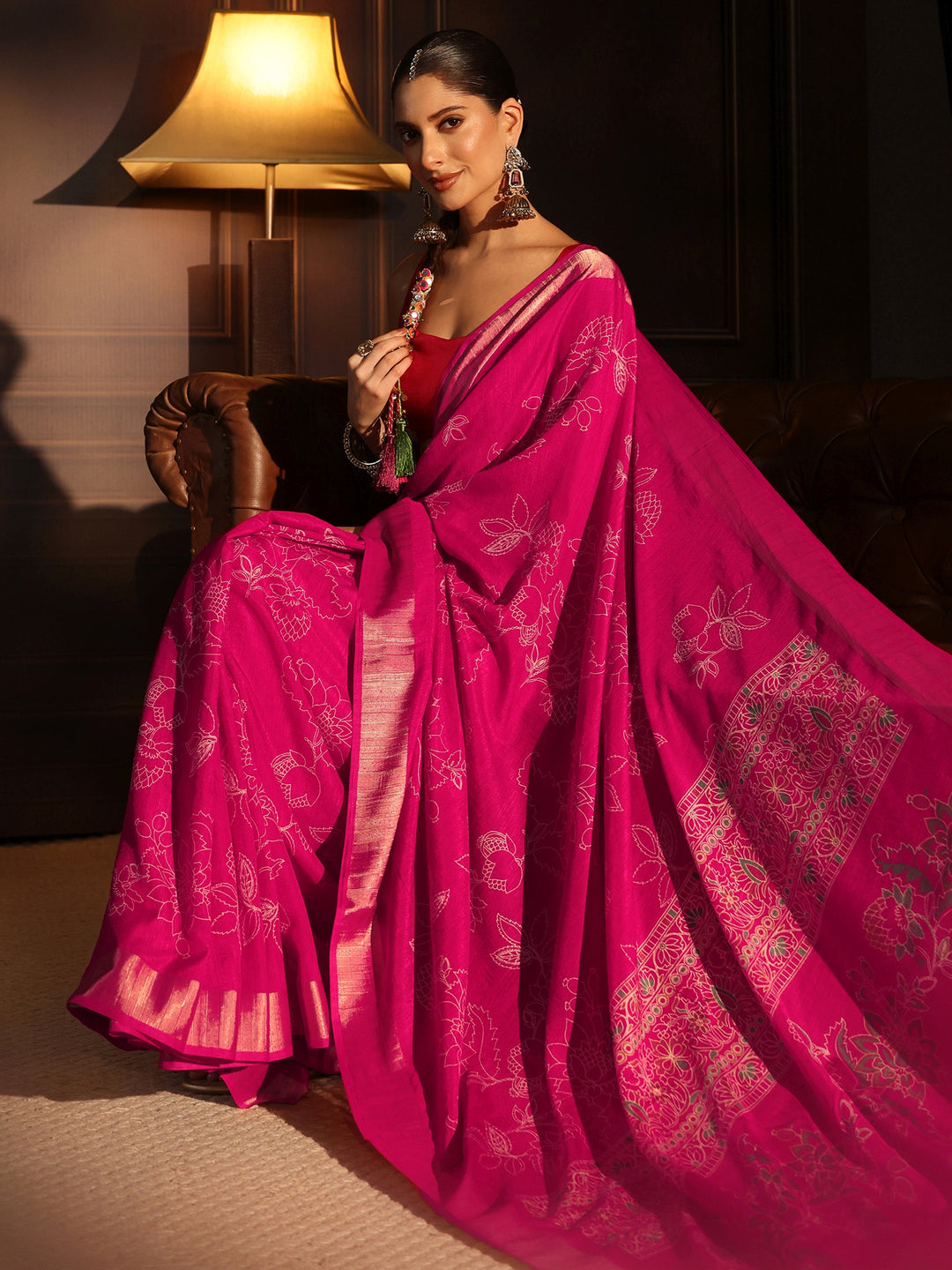 Libas Pink Floral Printed Silk Blend Saree
