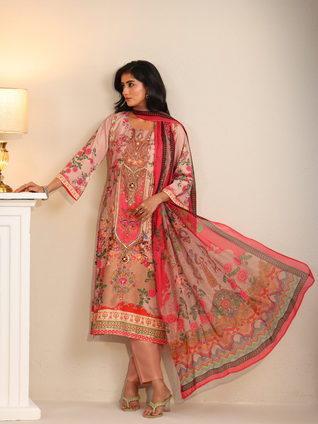 Libas Pink Floral Printed Silk Blend Straight Suit Set