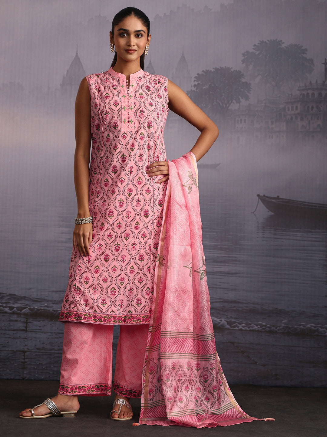 Libas Pink Floral Printed Sleeveless Cotton Palazzo Suit Set