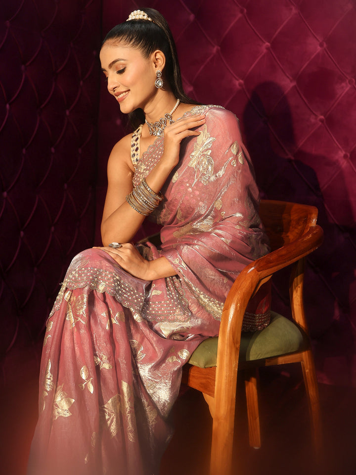 Libas Pink Floral Printed Tissue Saree with Embellished Scalloped Border