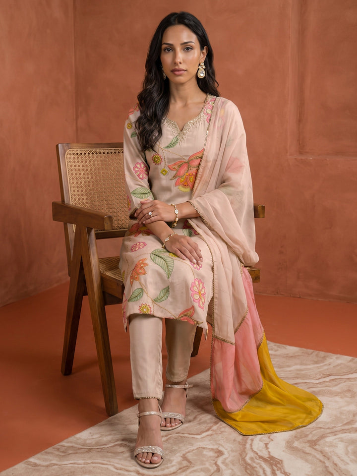 Libas Pink Floral Printed Tissue Straight Suit Set