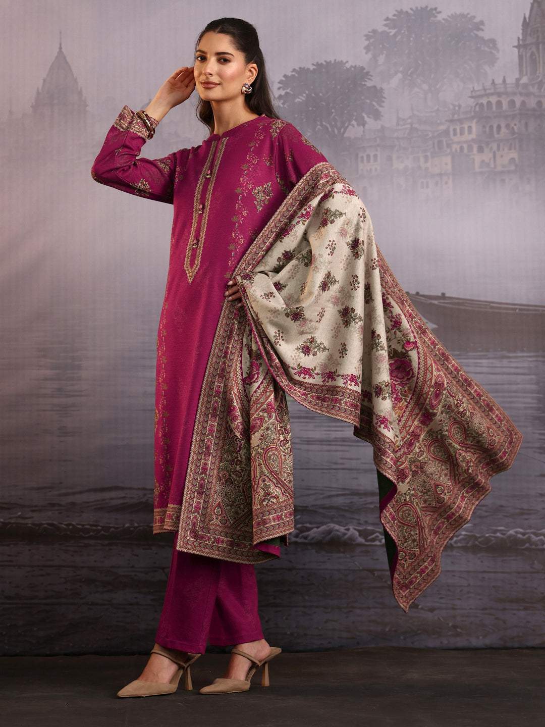 Libas Pink Floral Printed Woolen Straight Suit Set