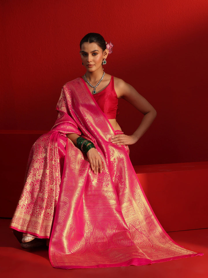 Libas Pink Floral Woven Design Satin Saree