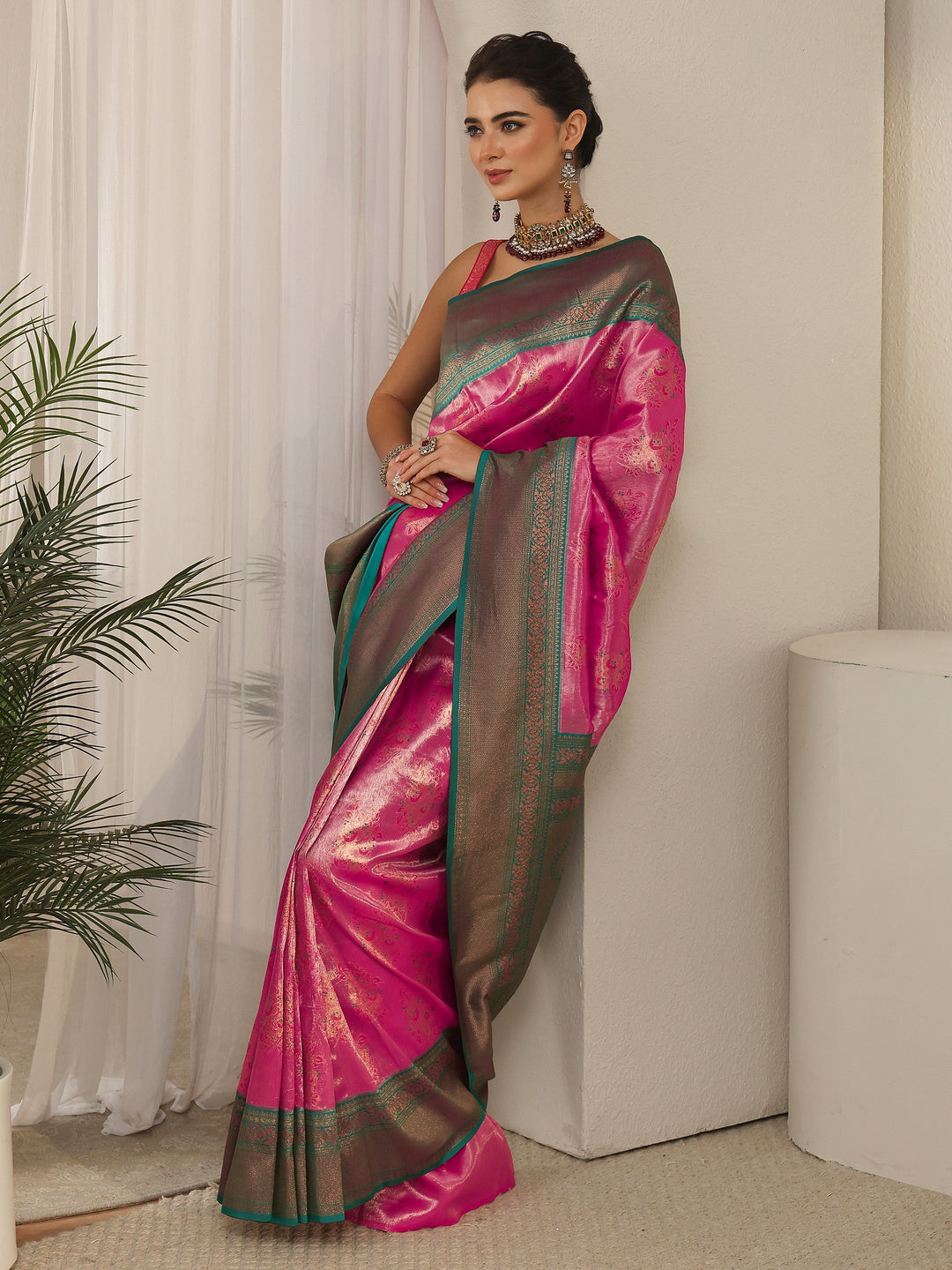 Libas Pink Floral Woven Design Silk Blend Saree