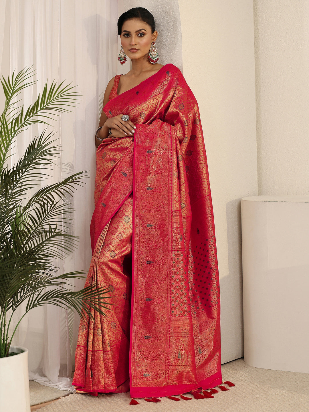 Libas Pink Floral Woven Design Silk Blend Saree with Paisley Border