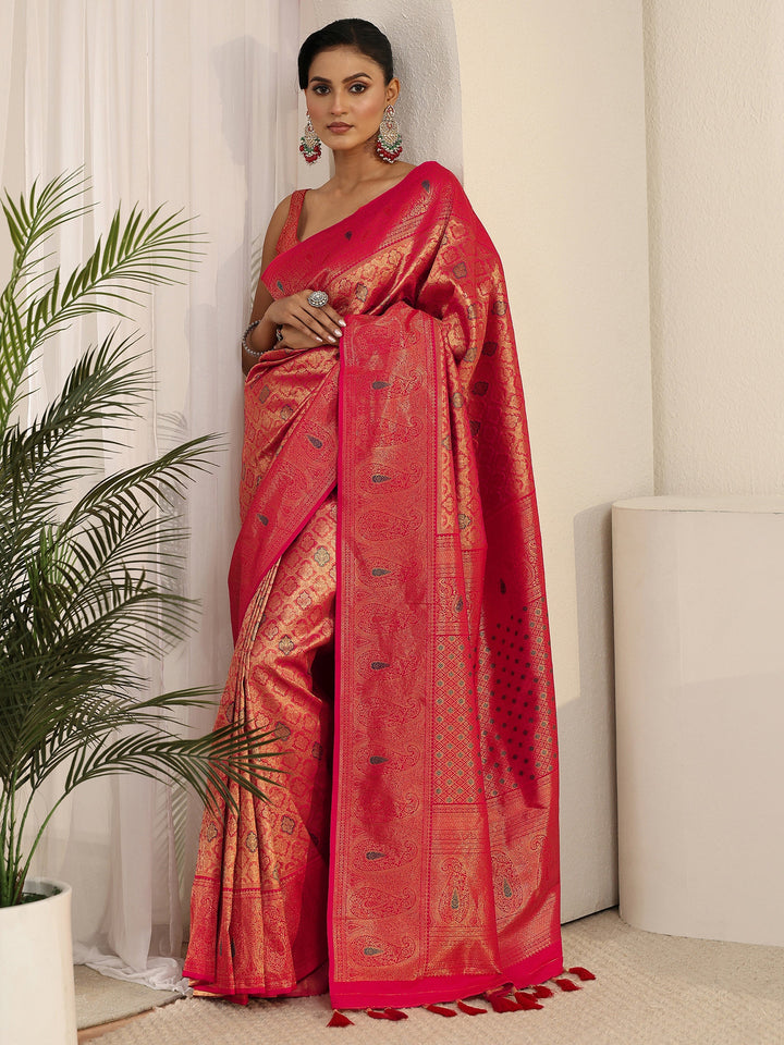 Libas Pink Floral Woven Design Silk Blend Saree with Paisley Border