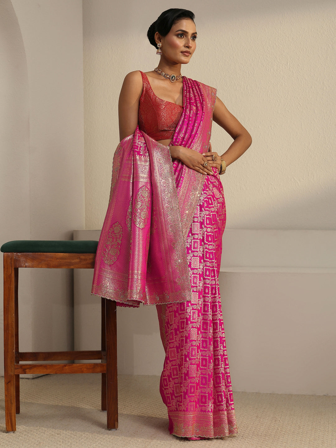Libas Pink Geometric Woven Design Silk Blend Saree