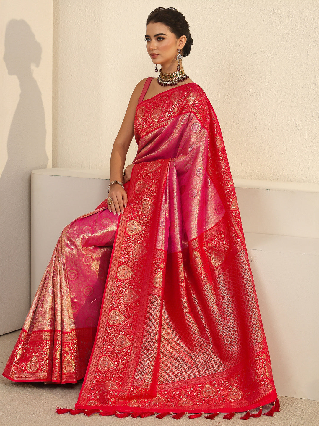 Libas Pink Leaf Woven Design Brocade Saree