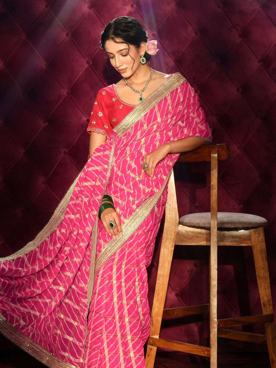 Libas Pink Leheriya Printed Chiffon Saree
