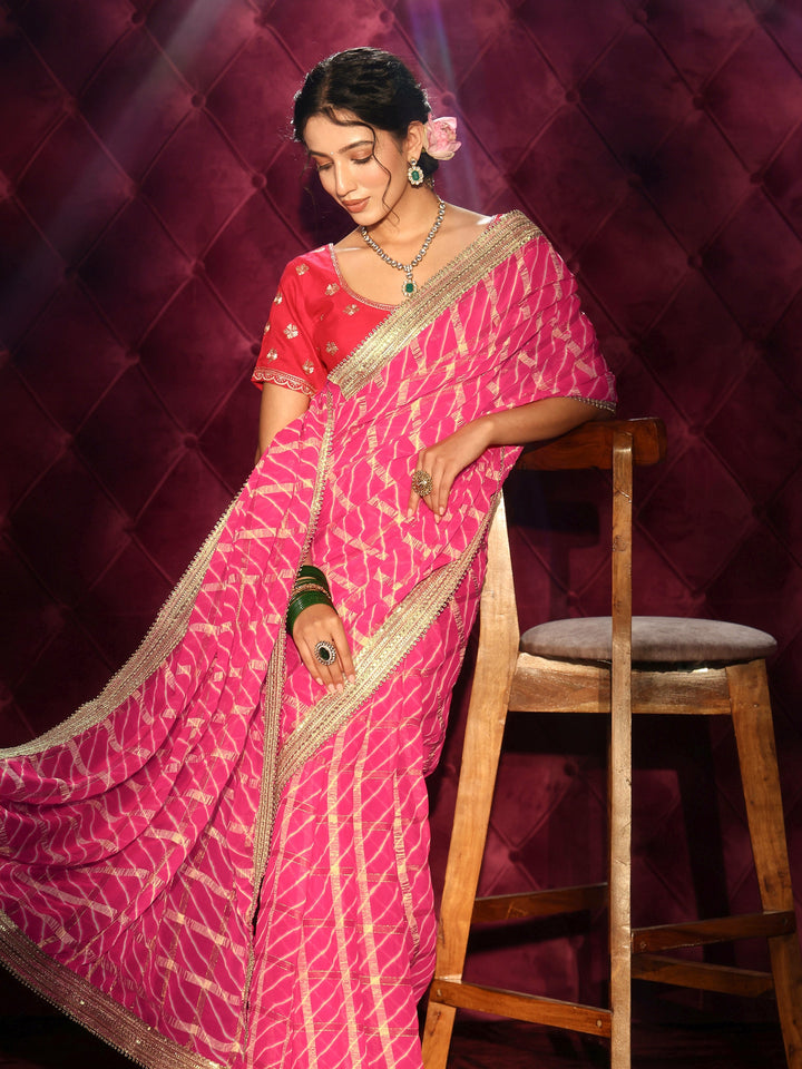 Libas Pink Leheriya Printed Chiffon Saree